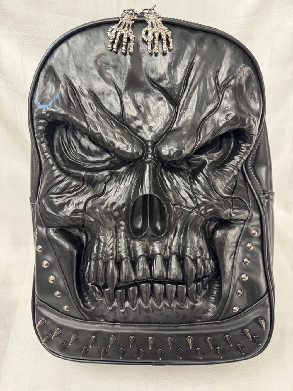 Men's Black Skull Embossed Backpack - Gothic Streetwear Faux Leather Backpack